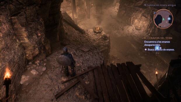 Dragon Age: The Veilguard - Misiones de Harding, El corazón del titán: punto desde el puente roto por donde puedes saltar a una plataforma inferior