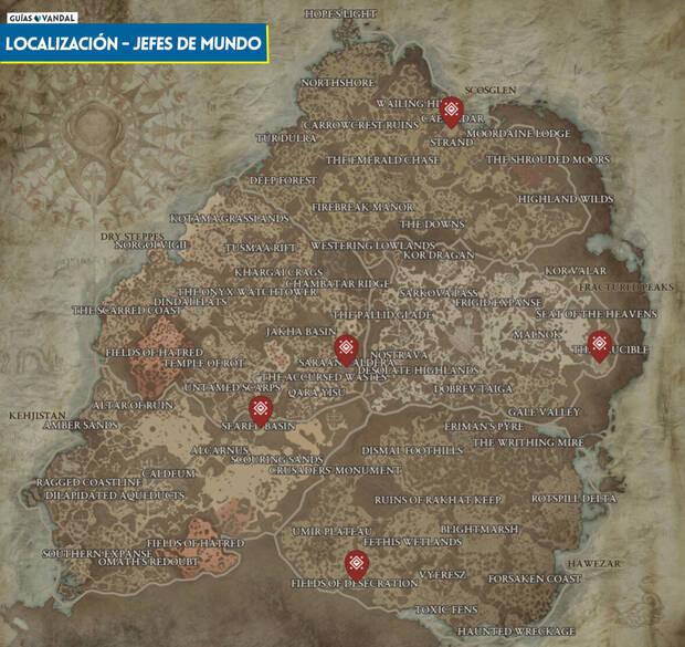 Diablo 4 - Mapa con las localizaciones de los jefes de mundo