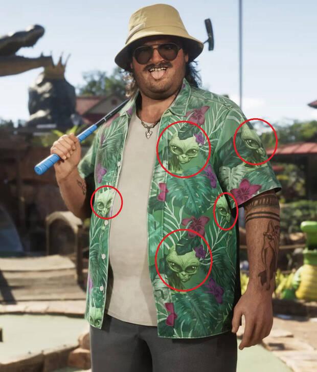 Caras de alienígenas en la camisa de Cal Hampton, personaje de GTA 6
